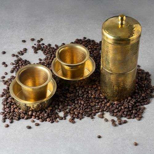 Handcrafted Brass Coffee Filter (Medium) with Davara Tumbler Set | Traditional South Indian Coffee Maker | Eco-Friendly & Ayurvedic Cookware