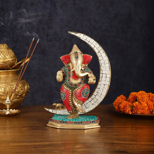 Brass Dancing Ganesha Showpiece with Meenakari Stonework - 10" Height