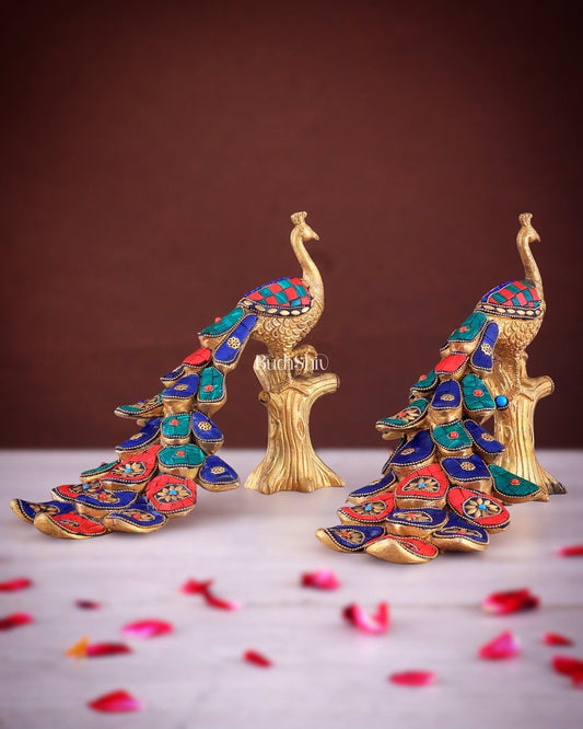 Brass peacock showpiece 12 inch multicolour stonework