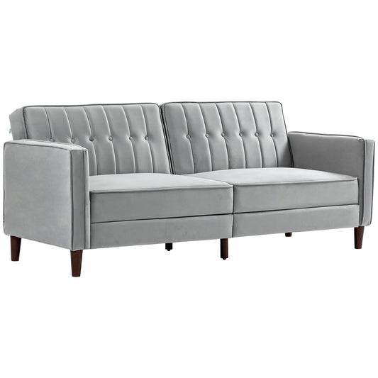 Modern Convertible Sofa Futon Velvet-Touch Tufted Couch Compact Loveseat with Adjustable Split Back, Light Grey-0