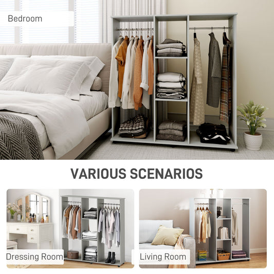 Open Wardrobe Double Mobile Storage Shelves Organizer with 6 Wheels - Grey