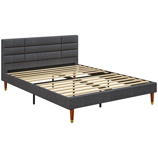 Upholstered King Bed Frame with Wooden Slats - Grey-0