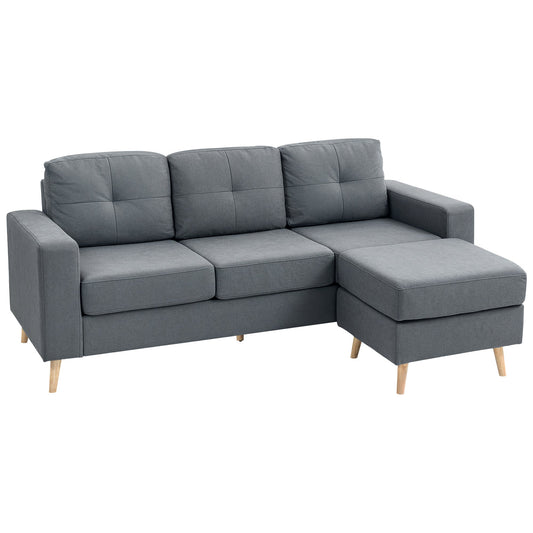 3 Seater Sofa with Footstool, Fabric L-Shaped Sofa, Sectional Couch with Wood Legs, Tufting Cushioned Back for Small Space, Living Room, Office, Dark Grey-0