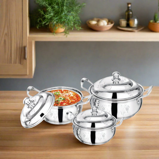 Stainless Steel Harmony Handi (Plain and Laser Design Available ) Set of 3 | Premium Cookware | SAMA Homes | Table Dish