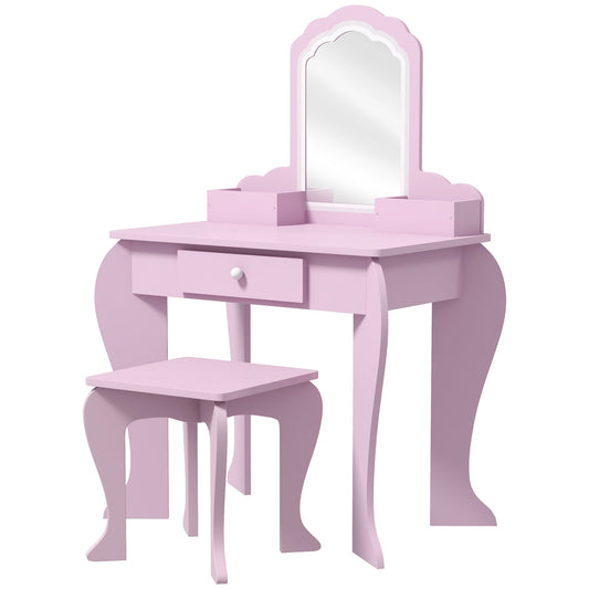 Kids Vanity Table Set with Mirror and Stool - Pink Cloud Design