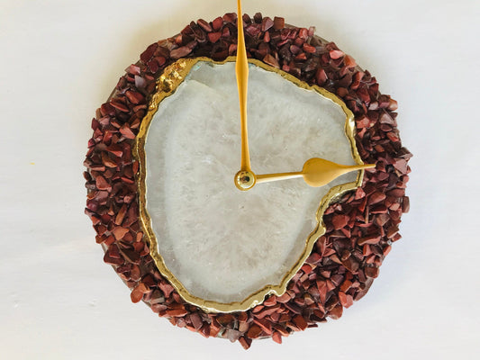6" Diameter Burnt Red Crystal With White Agate Wall Clock-0
