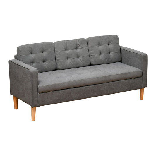 Modern 3-Seater Sofa Button-Tufted Fabric Couch with Hidden Storage Rubberwood Legs for Living Room, Grey-0