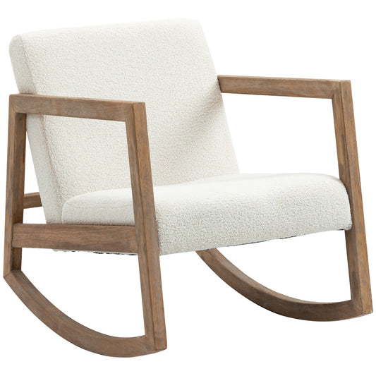 Rocking Chair, Upholstered Sofa Armchair with Cushion and Wood Base for Living Room and Bedroom, Cream White-0
