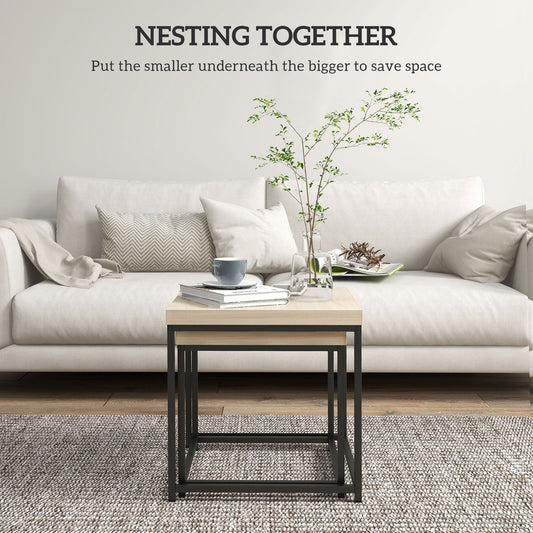 Coffee Table Set of 2, Nest of Tables with 3.5cm Thick Tabletop, Oak