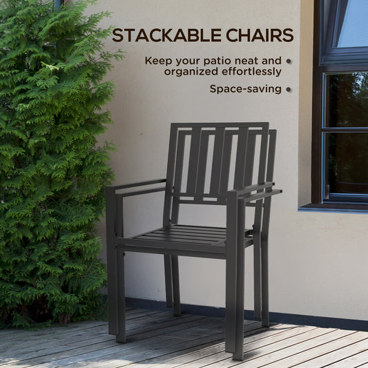 Set of 4 Metal Patio Dining Chairs with Slatted Design - Black