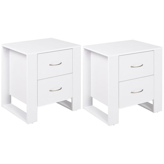 Bedside Table with 2 Drawers, Nightstand with Handles and Elevated Base, Side Table for Bedroom, Living Room, Set of 2, White