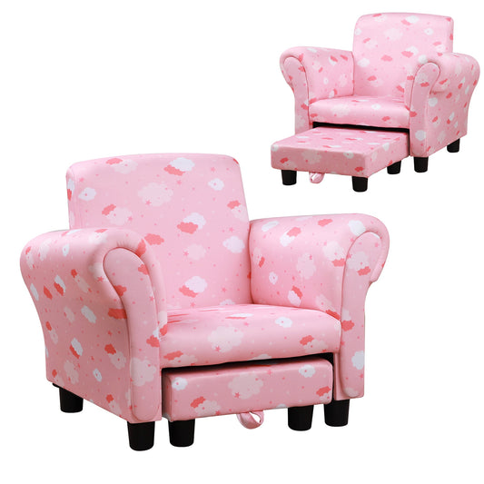 Kids Armchair with Footrest Set Solid Wood Frame Soft Foam Pink Cloud Design-0