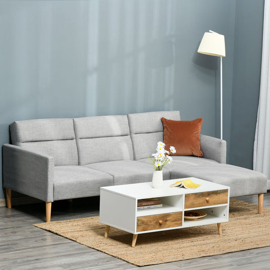 L Shape Sofa Bed Set, Linen Fabric Corner Sofa Bed with Rubber Wood Legs and Footstool, Light Grey-0