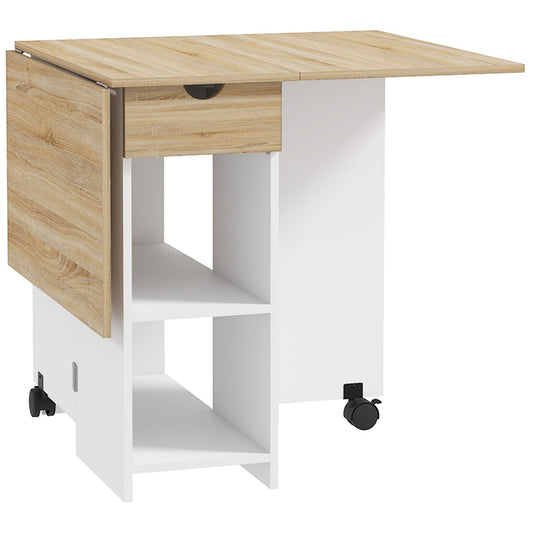 Folding Dining Table, Drop Leaf Table for Small Spaces, Foldable Table with Drawer and Storage Shelves for Kitchen, Dining Room, Oak-0