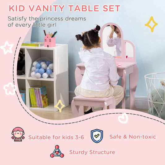 Kids Vanity Set with Mirror and Stool - Pink MDF Dressing Table