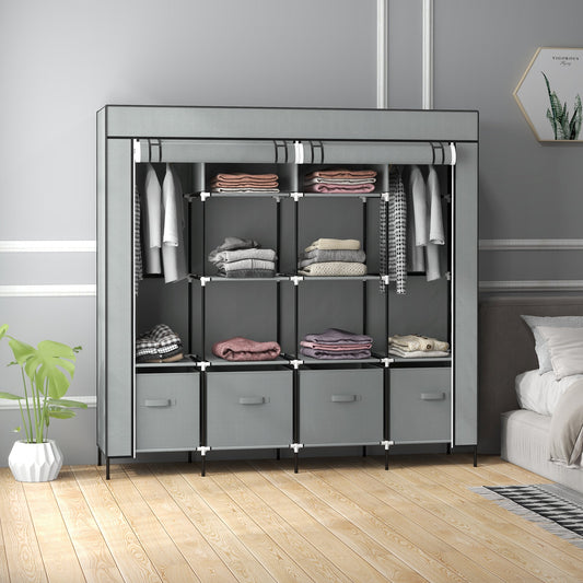 Portable Fabric Wardrobe with 10 Compartments and 4 Drawers - Dark Grey