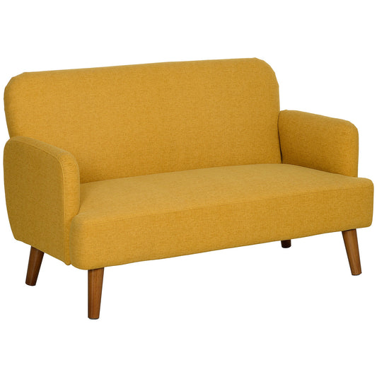 Velvet Feel Fabric 2 Seater Sofa, Small Sofa Loveseat with 21cm Thick Padding and Wood Legs, Yellow-0
