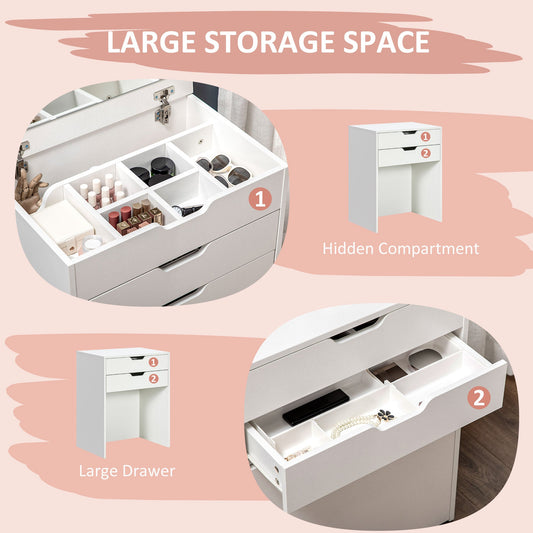 Dressing Table with Flip-up Mirror and Storage Stool, Vanity Table with Drawer and Hidden Compartments for Bedroom, Living Room, White