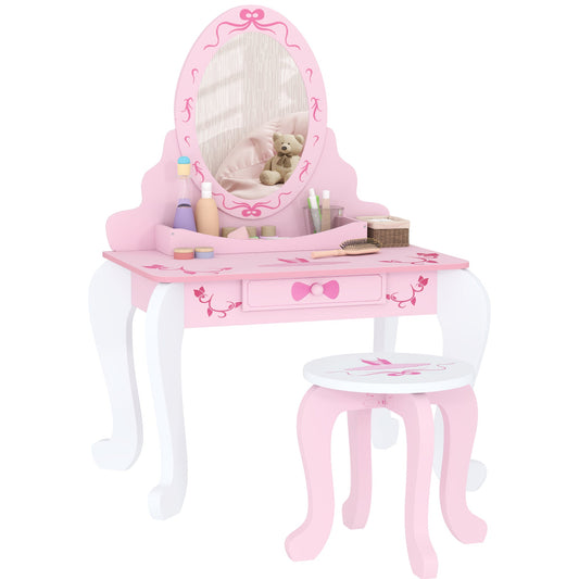 Kids Dressing Table Set with Stool and Mirror Pink Ballet Theme