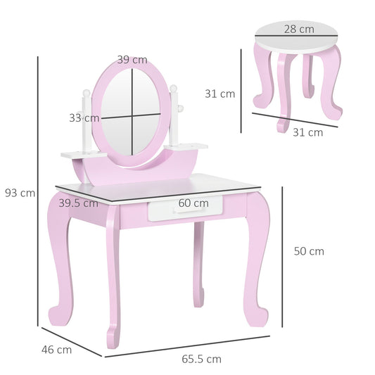 Kids Dressing Table Set with Mirror and Drawer Stool - Pink
