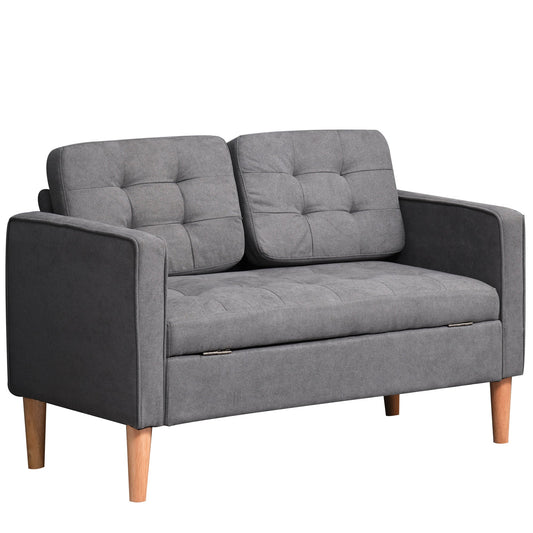Modern 2 Seater Sofa with Hidden Storage, 117cm Tufted Cotton Couch, Compact Loveseat Sofa with Wood Legs, Grey-0