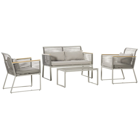 4 Piece Outdoor Wicker Sofa Set with Cushions and Tempered Glass Table Grey-0