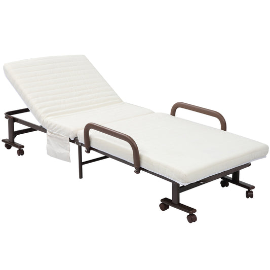 Folding Bed with 8cm Mattress, Portable Foldable Guest Bed with Adjustable Backrest, Metal Frame on Wheels, Brown-0