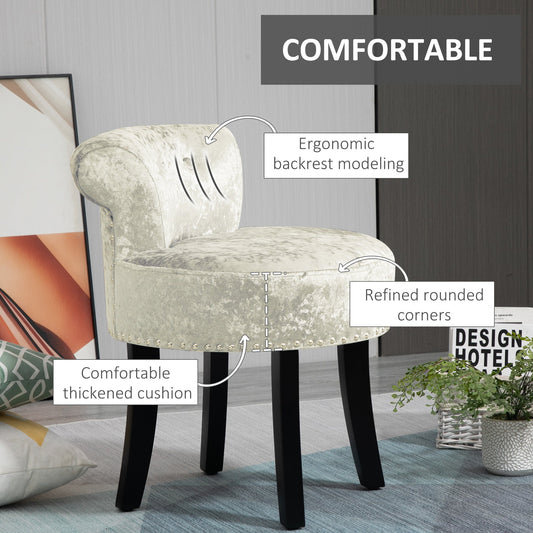 Dressing Table Stool with Rubber Wood Legs - Beige Velvet Upholstery