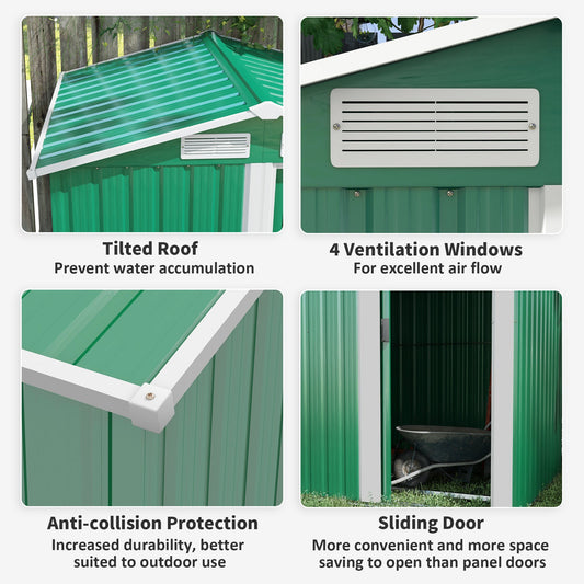 Metal Garden Tool Storage Shed with Sliding Door and Floor Foundation - Green
