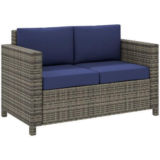 2 Seater Rattan Garden Sofa with Padded Cushions and Armrests Navy Blue-0