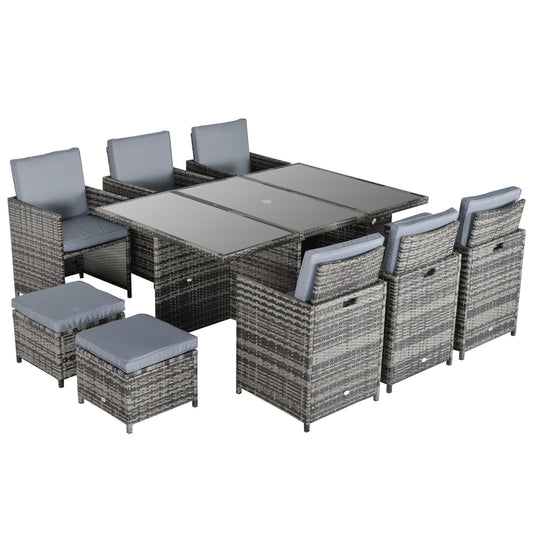 Outdoor 11pc Rattan Garden Furniture Patio Dining Set 10-seater Cube Sofa Weave Wicker 6 Chairs 4 Footrests & 1 Table Mixed Grey-0
