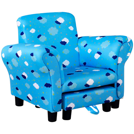 Childrens Mini Sofa with Footrest and Wood Frame - Blue Cloud Design-0