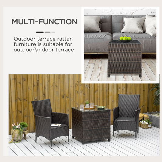 Rattan Garden Side Table with Tempered Glass Top - Brown