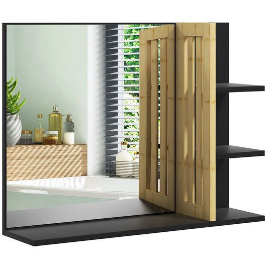 Bamboo Panel Bathroom Mirror, with Shelves-0