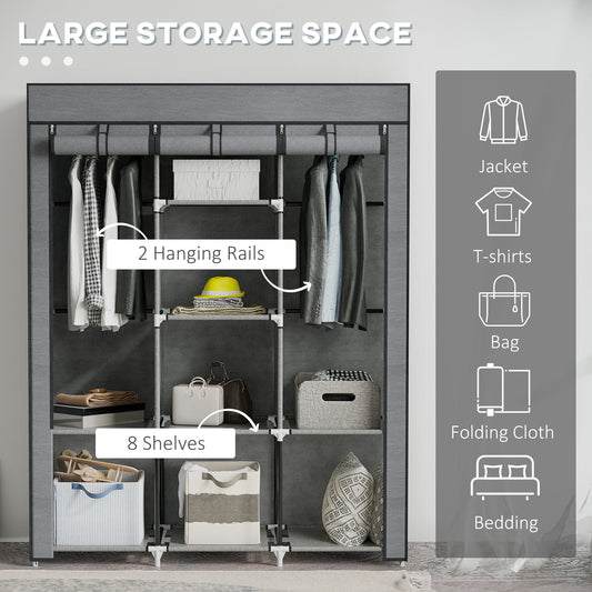 Fabric Wardrobe with Two Rails and Eight Shelves - Dark Grey