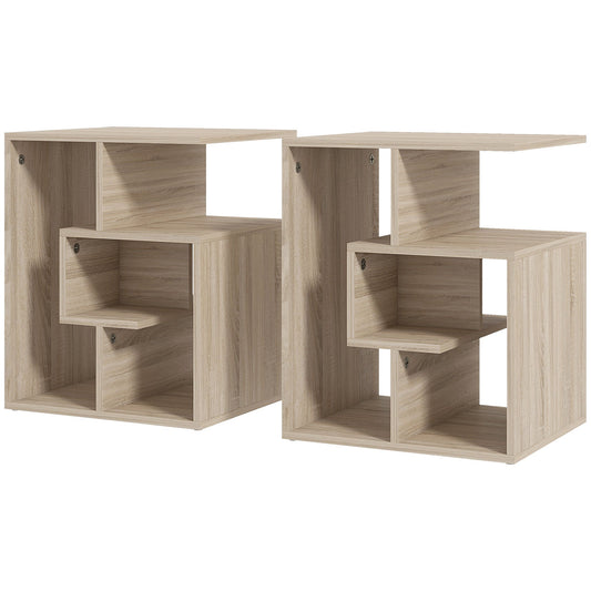Side Table, 3 Tier End Table with Open Storage Shelves, Living Room Coffee Table Organiser Unit, Set of 2, Oak Colour-0