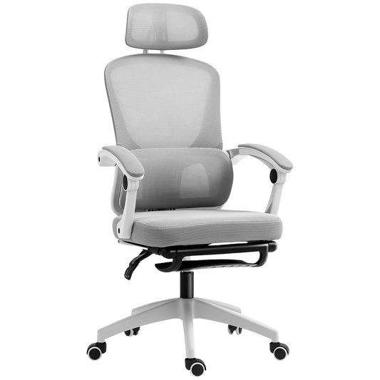 Ergonomic Office Chair, Mesh High Back Desk Chair with Adjustable Lumbar Support and Headrest, Footrest, Reclining Executive Swivel Computer Chair for Home Study, Grey
